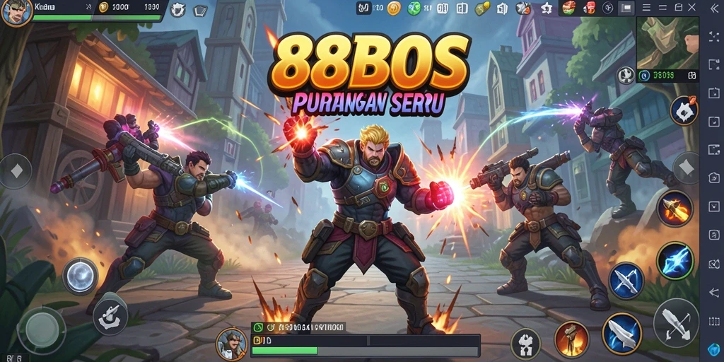 Screenshot gameplay 88BOS menampilkan pertarungan yang intens dan karakter yang beragam.