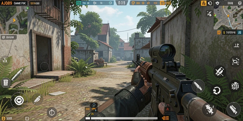 Screenshot gameplay AJO89 dengan aksi tembak-menembak yang intens.