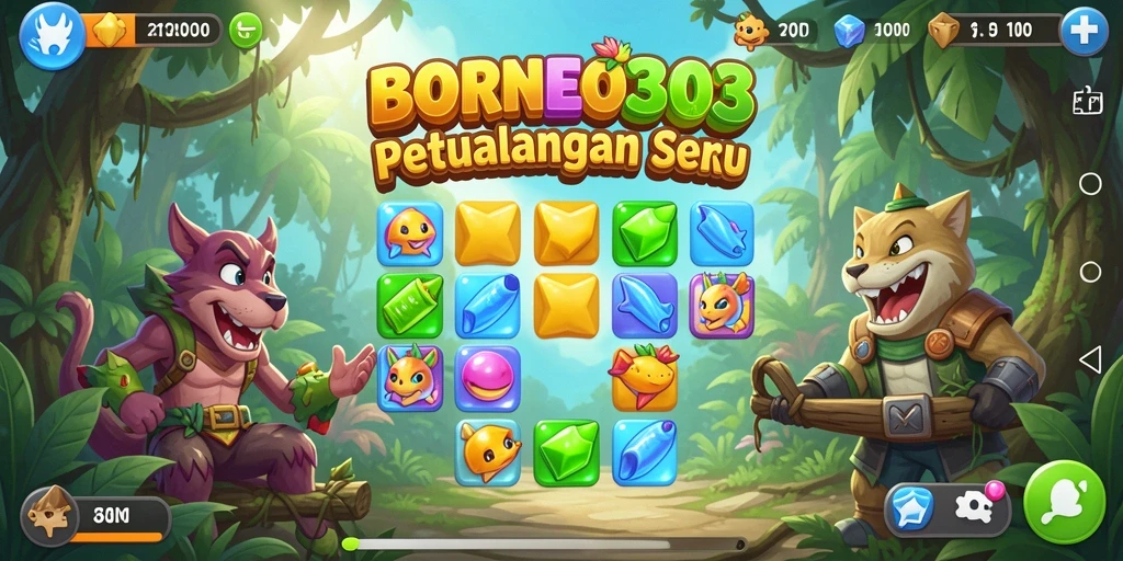 Tangkapan layar gameplay <strong>BORNEO303</strong> dengan momen mencocokkan permata yang seru.