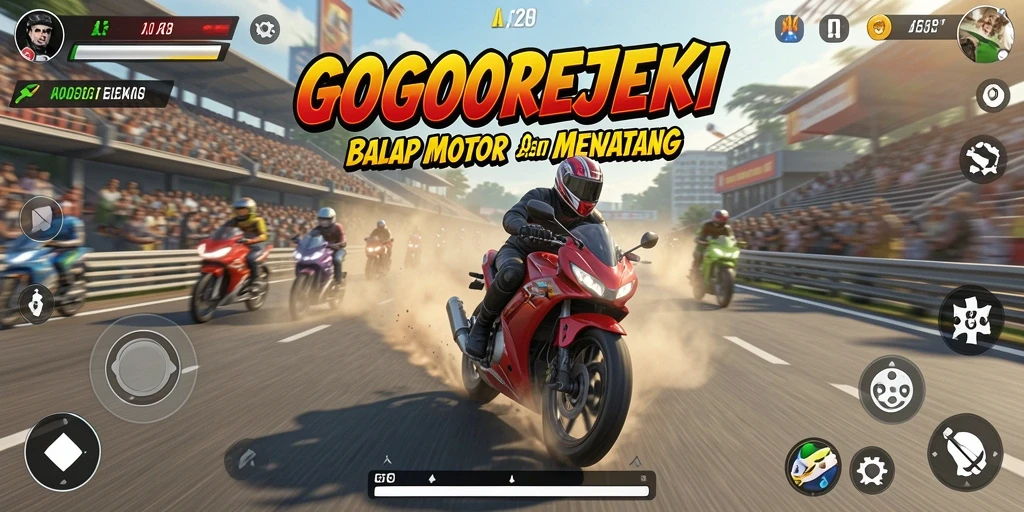 Screenshot GOGOREJEKI menunjukkan balapan motor yang intens dan mendebarkan.