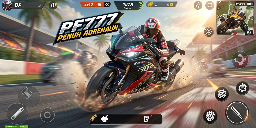 Tampilan gameplay yang seru dari PF777 saat balapan motor.