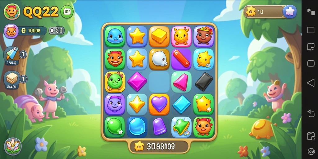 Screenshot utama QQ222 menampilkan gameplay Match-3 yang menarik.