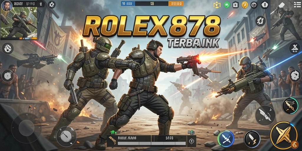 Screenshot utama ROLEX878 menampilkan aksi seru di medan pertempuran Battle Royale.