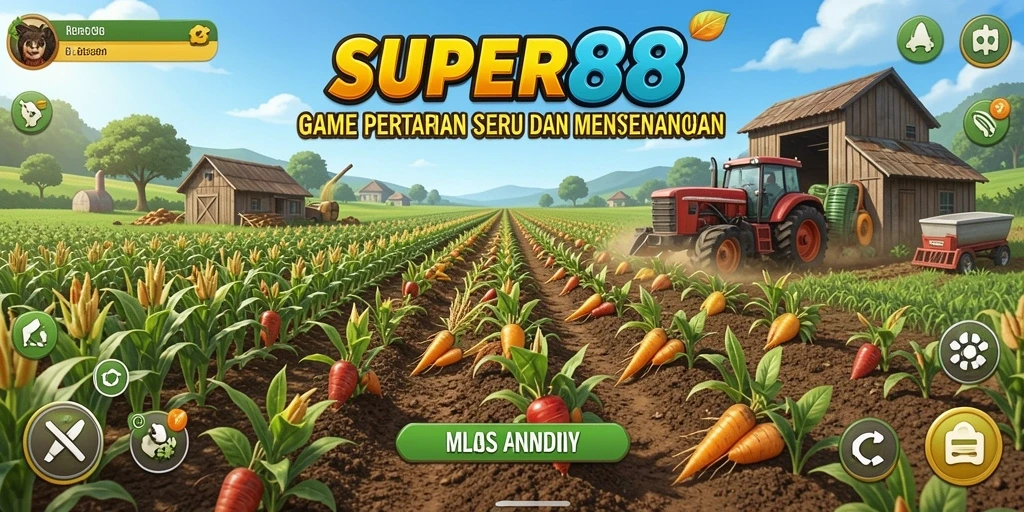 Tampilan gameplay <strong>SUPER88</strong> dengan pertanian yang subur dan aktivitas seru.